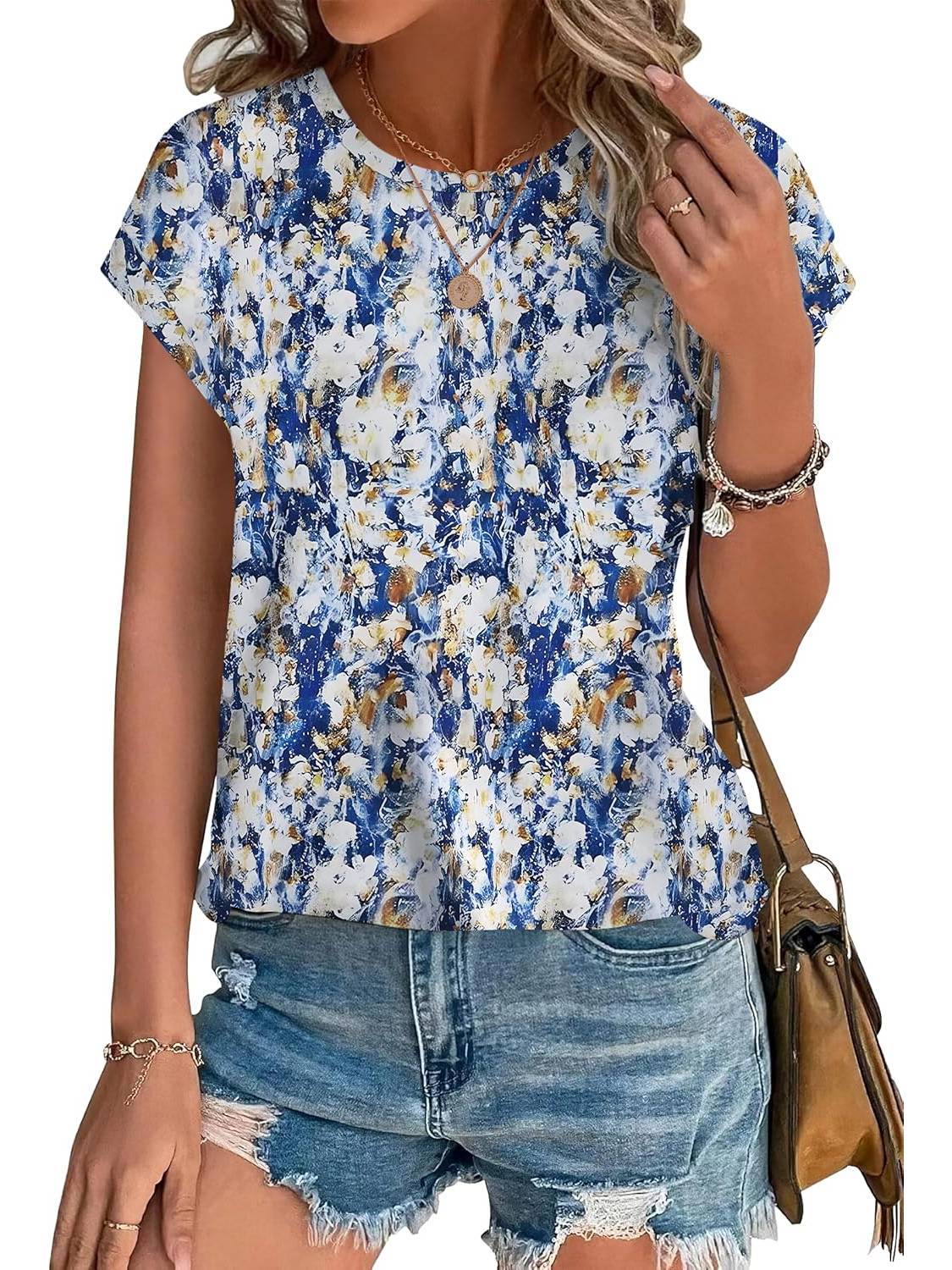 Women's Short Sleeve Blouse – Blue Yellow Print