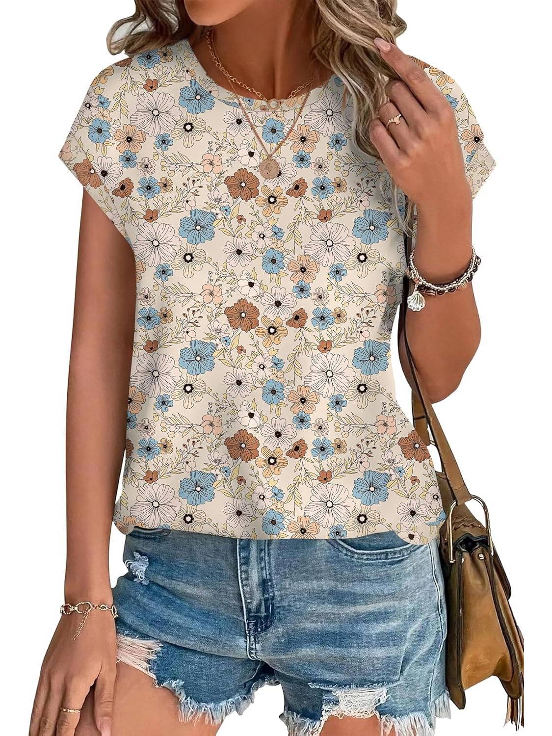 Women's Short Sleeve Blouse – Pink Blue Flower