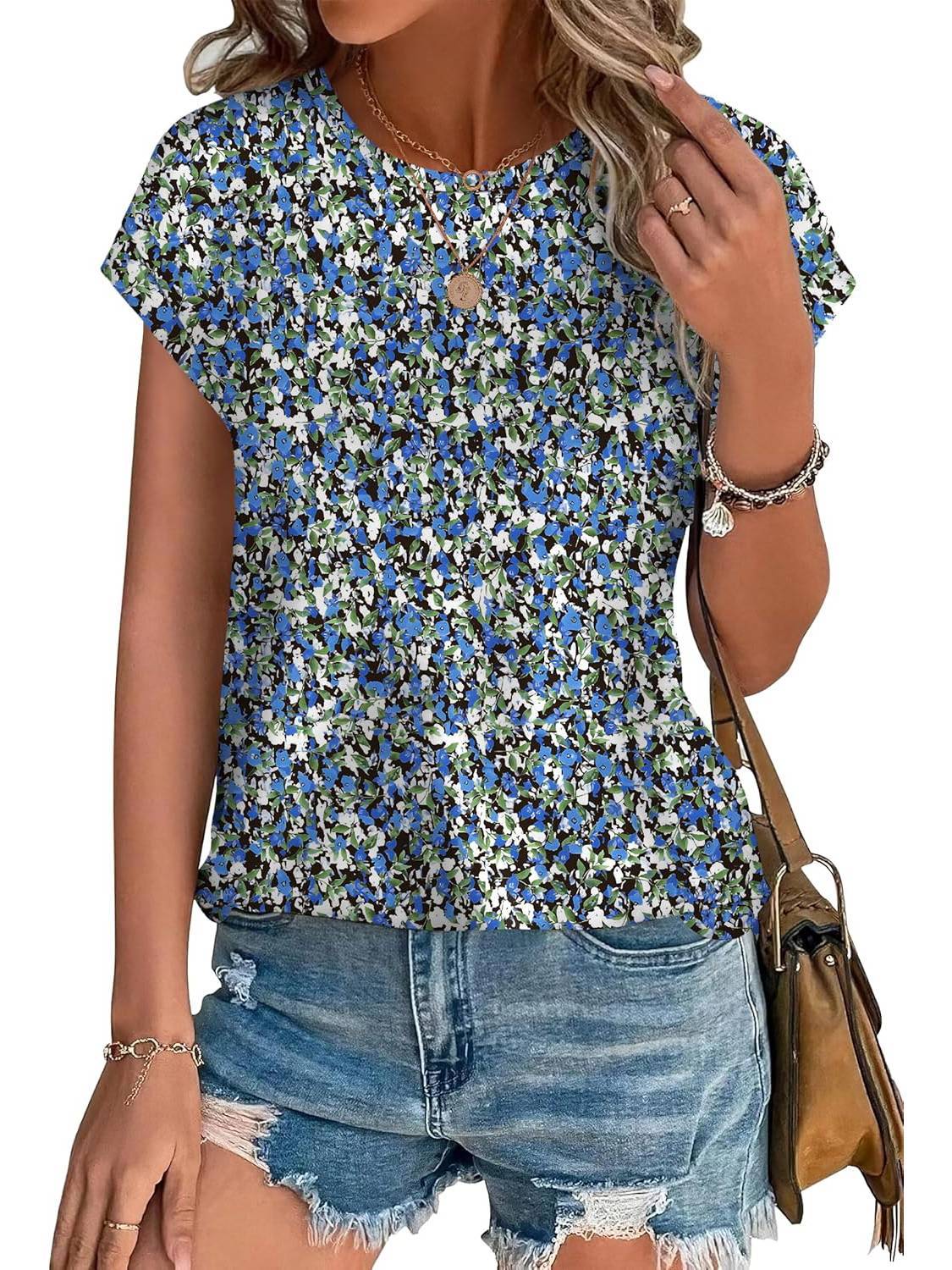 Women's Short Sleeve Blouse – Blue Floral