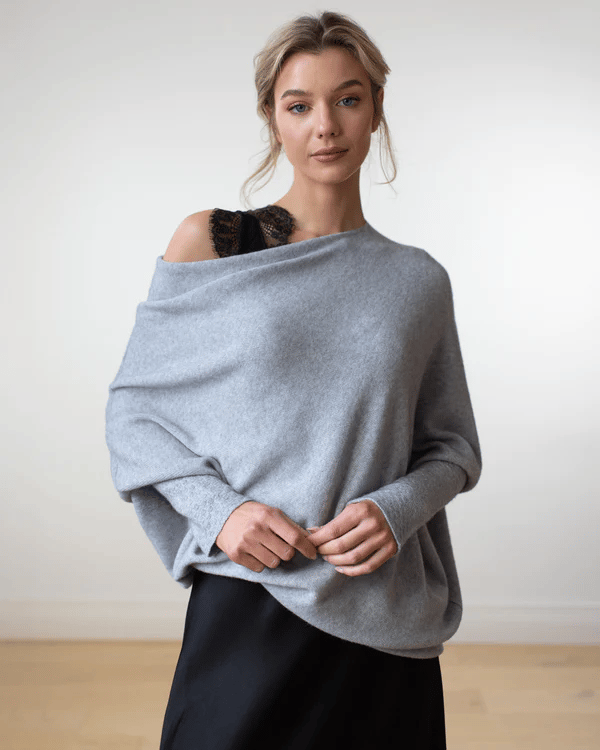 Women's Draped Off Shoulder Long Sleeve Sweater – Light Grey