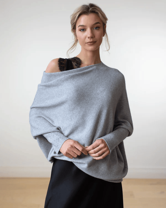 Women's Draped Off Shoulder Long Sleeve Sweater – Light Grey