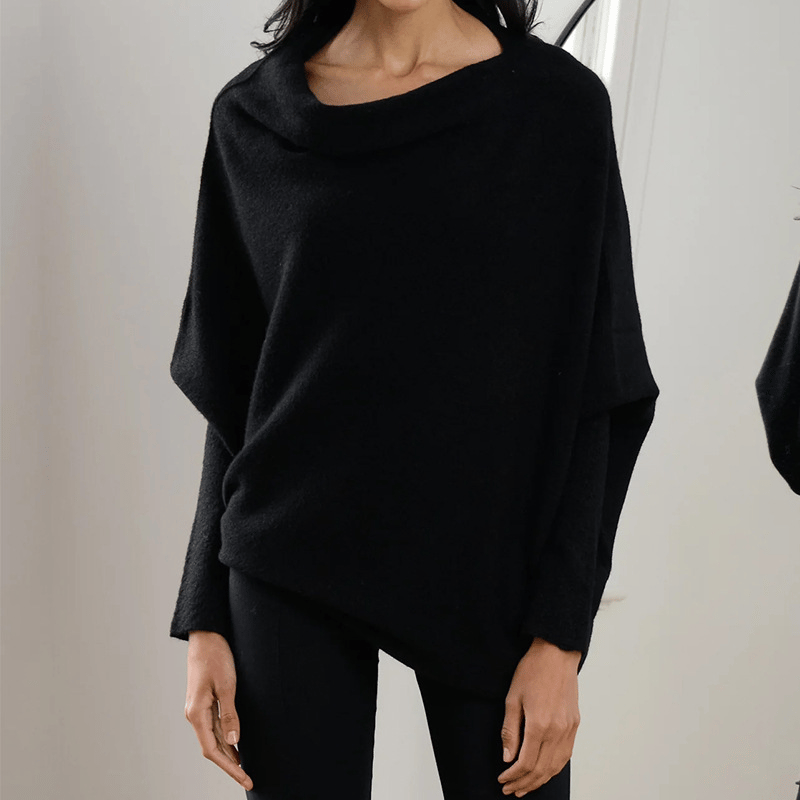 Women's Draped Off Shoulder Long Sleeve Sweater – Black