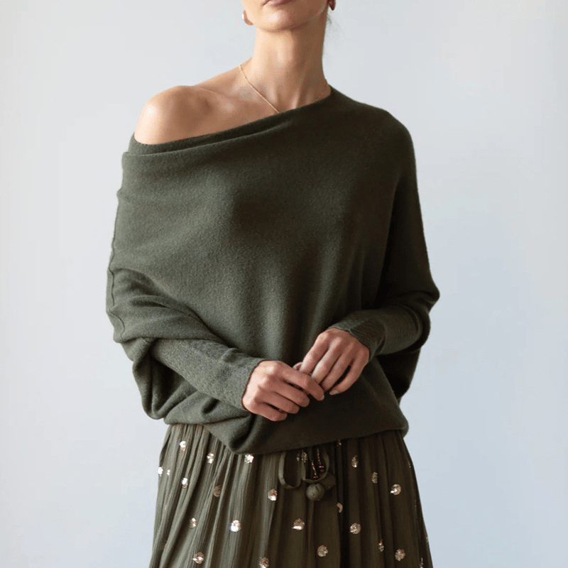 Women's Draped Off Shoulder Long Sleeve Sweater – Green