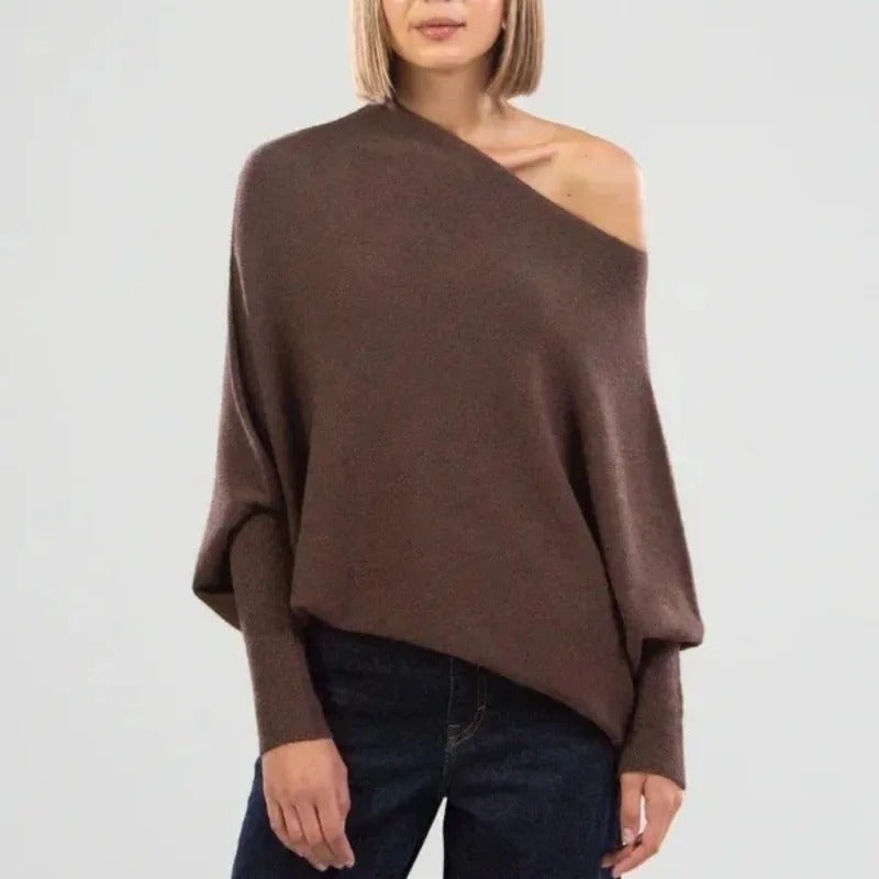 Women's Draped Off Shoulder Long Sleeve Sweater – Brown