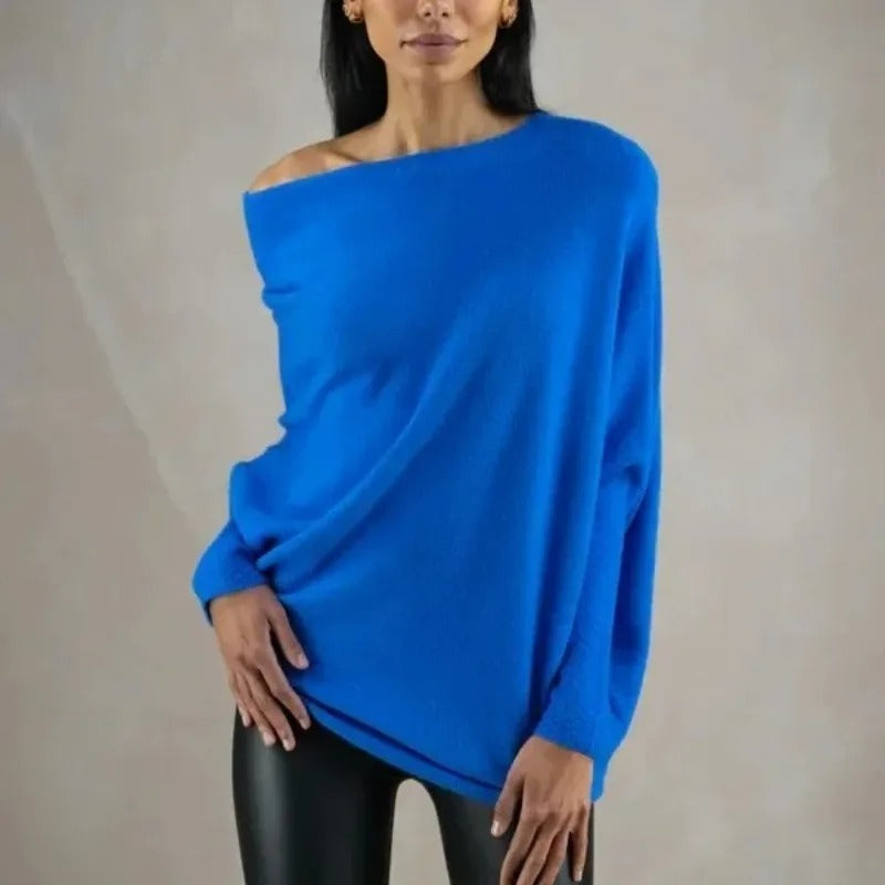 Women's Draped Off Shoulder Long Sleeve Sweater – Blue