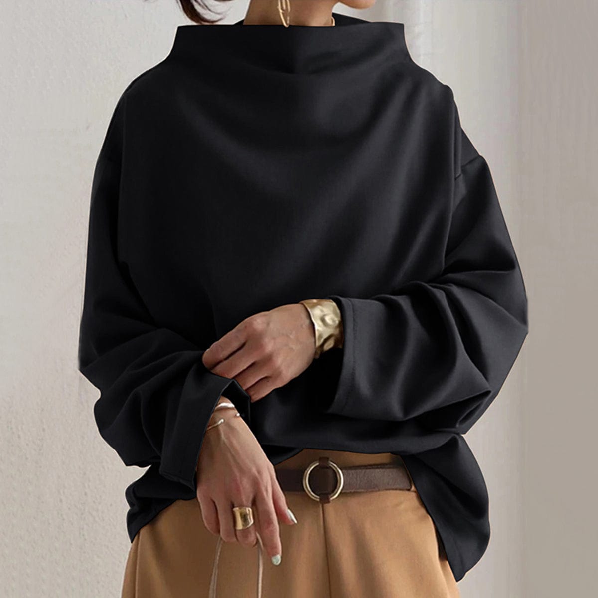 Women's Mock Neck Long Sleeve Sweater – Black