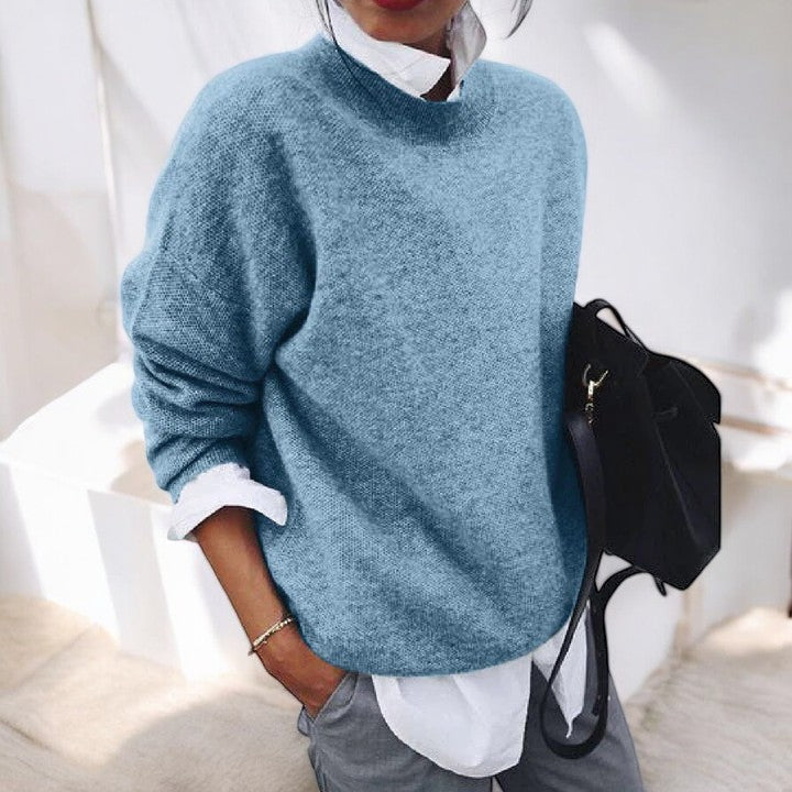 Women's Round Neck Long Sleeve Sweater – Blue