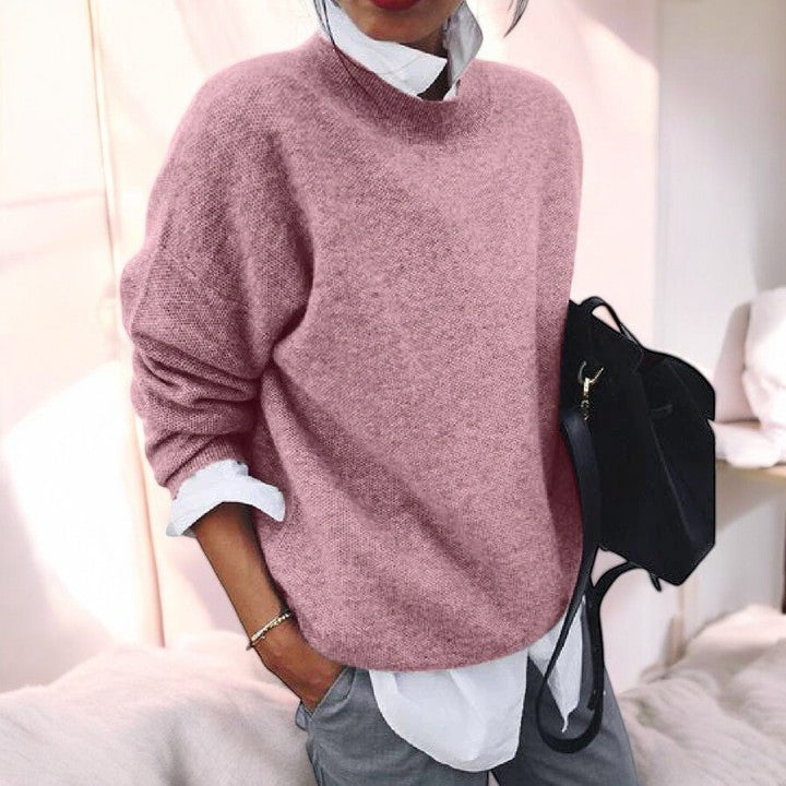 Women's Round Neck Long Sleeve Sweater – Light Pink