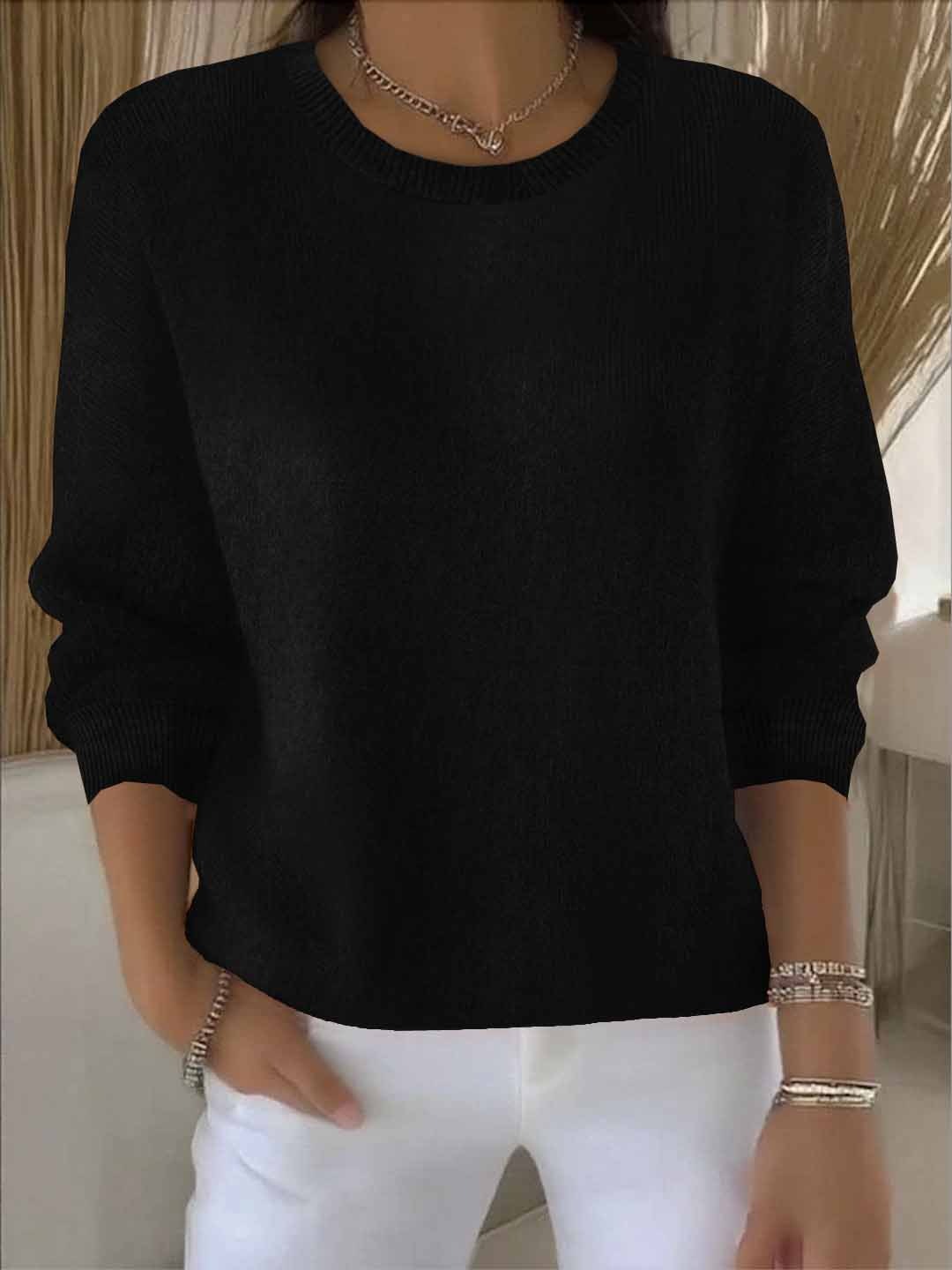 Women's Round Neck Long Sleeve Sweater – Black