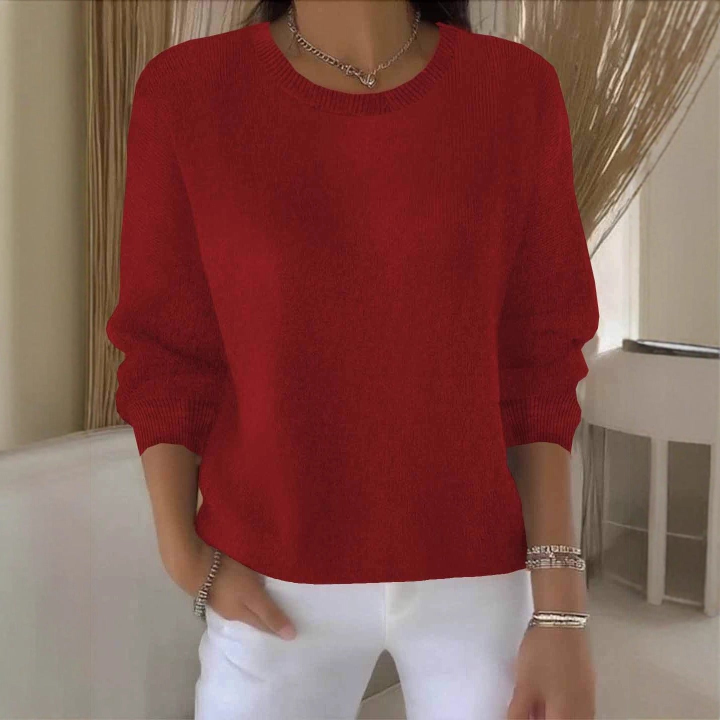 Women's Round Neck Long Sleeve Sweater – Red