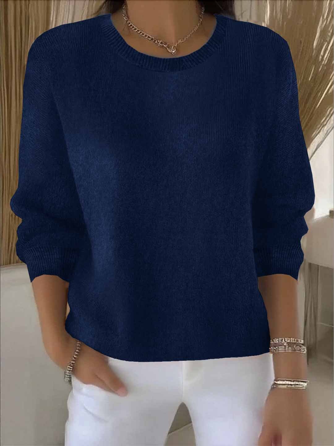 Women's Round Neck Long Sleeve Sweater – Navy Blue