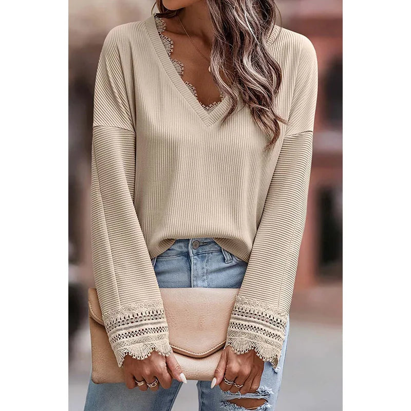 Women's V Neck Long Sleeve Sweater – Apricot
