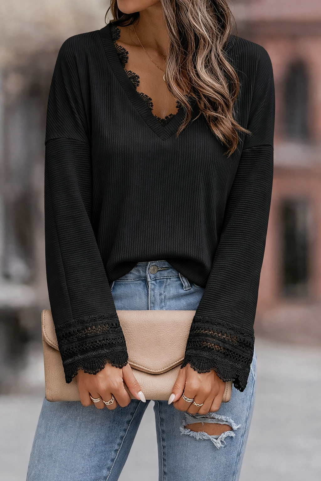 Women's V Neck Long Sleeve Sweater – Black