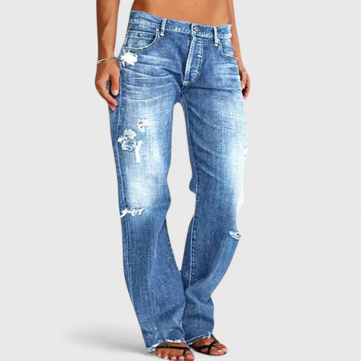 Women's Straight Leg Distressed Jeans – Blue