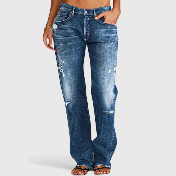 Women's Straight Leg Distressed Jeans – Dark Blue