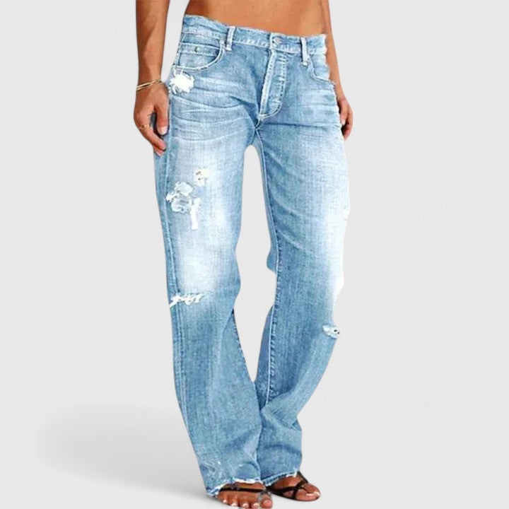 Women's Straight Leg Distressed Jeans – Light Blue
