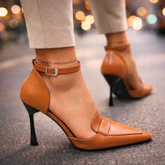 Women's Pointed Toe Ankle Strap Heels – Brown