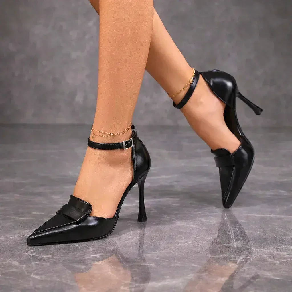 Women's Pointed Toe Ankle Strap Heels – Black