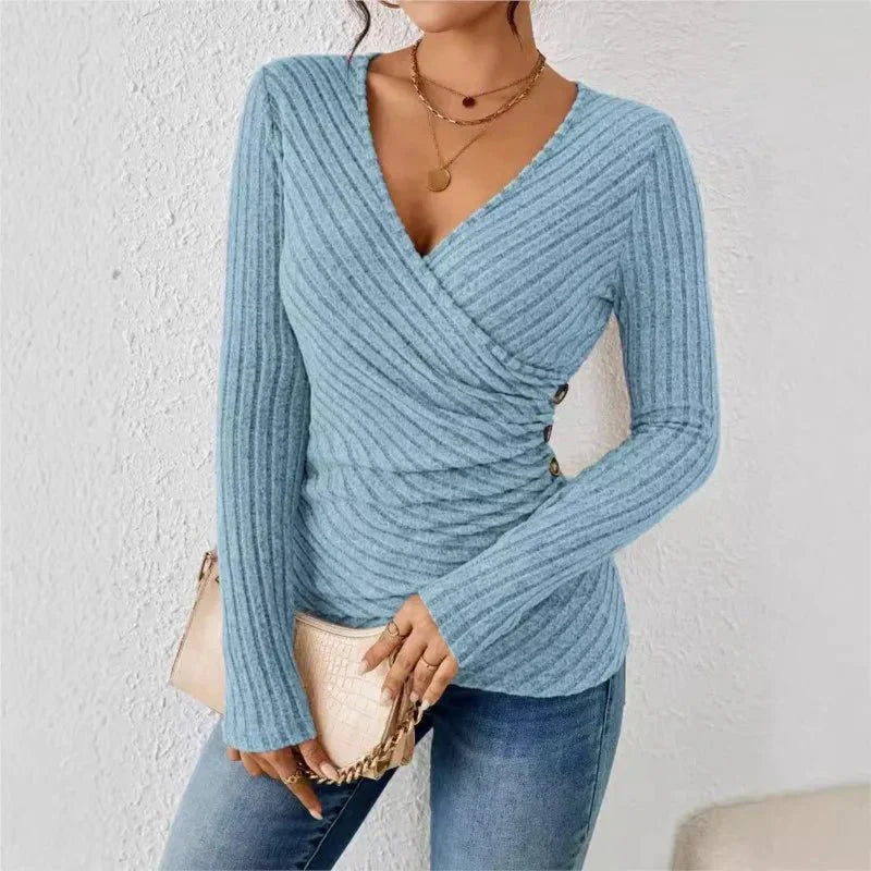 Women's Wrap V Neck Long Sleeve Blouse