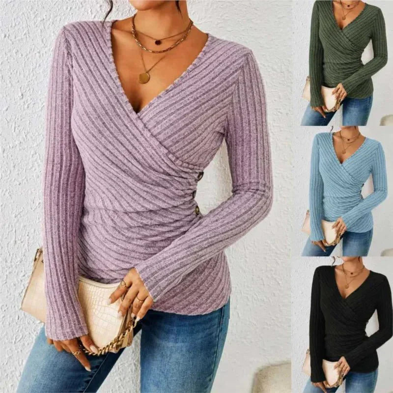 Women's Wrap V Neck Long Sleeve Blouse