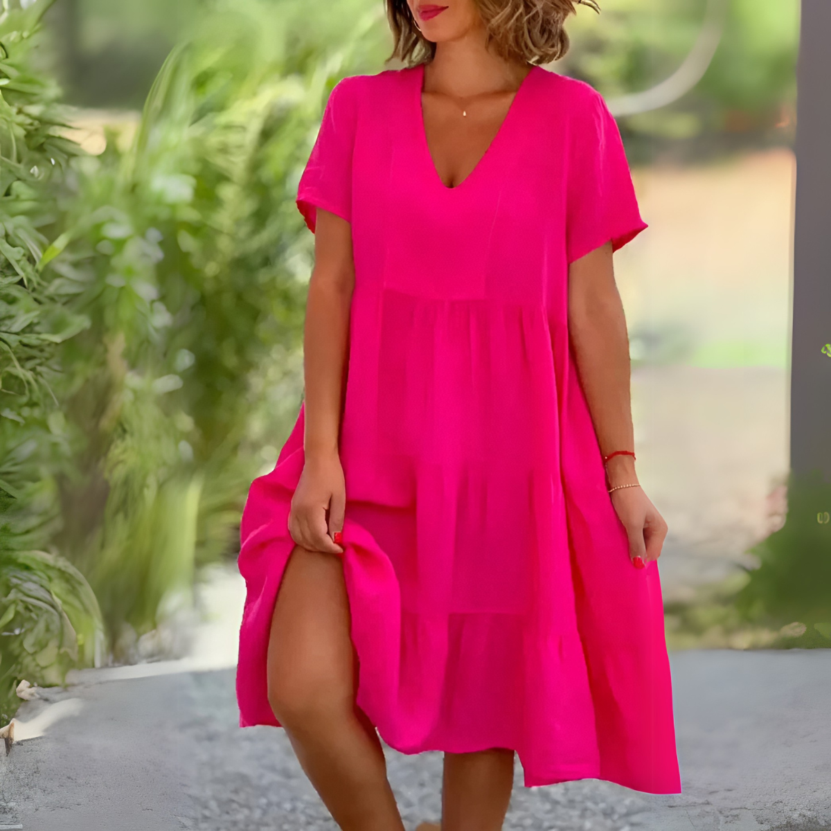 Women's V Neck Midi Dress – Pink