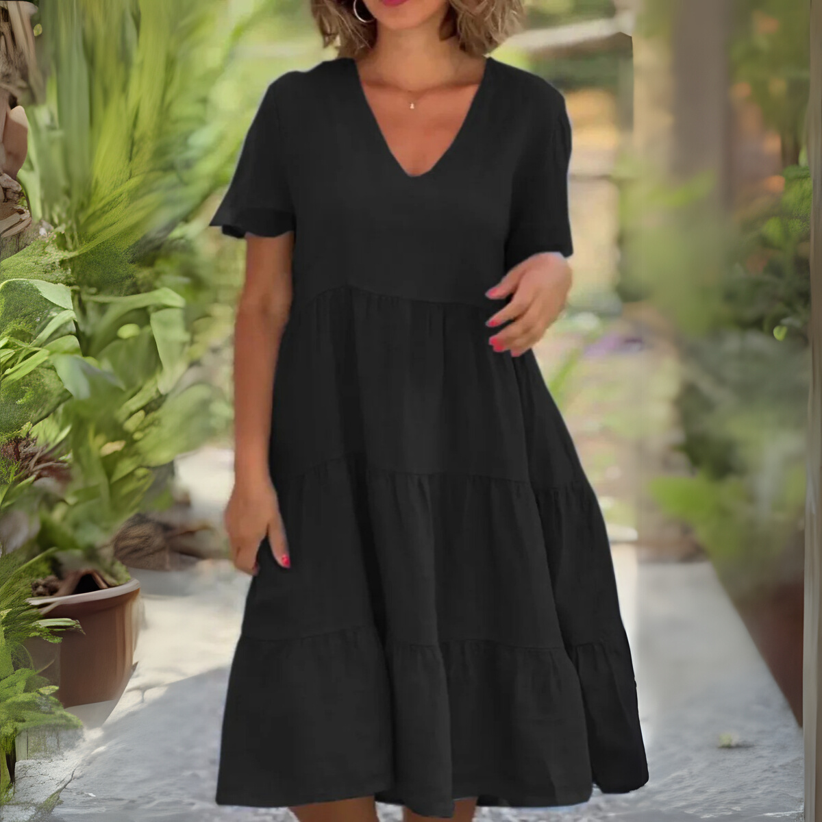 Women's V Neck Midi Dress – Black