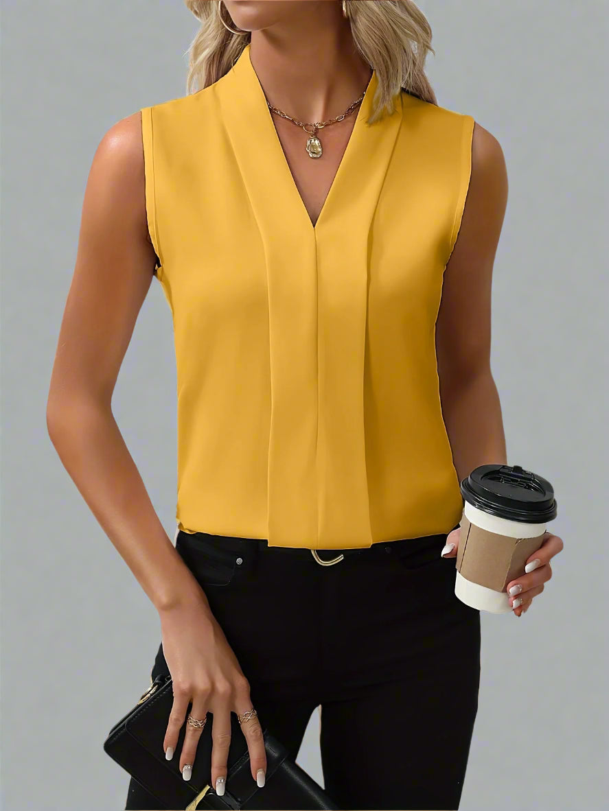 Women's Pleated V Neck Sleeveless Blouse – Yellow