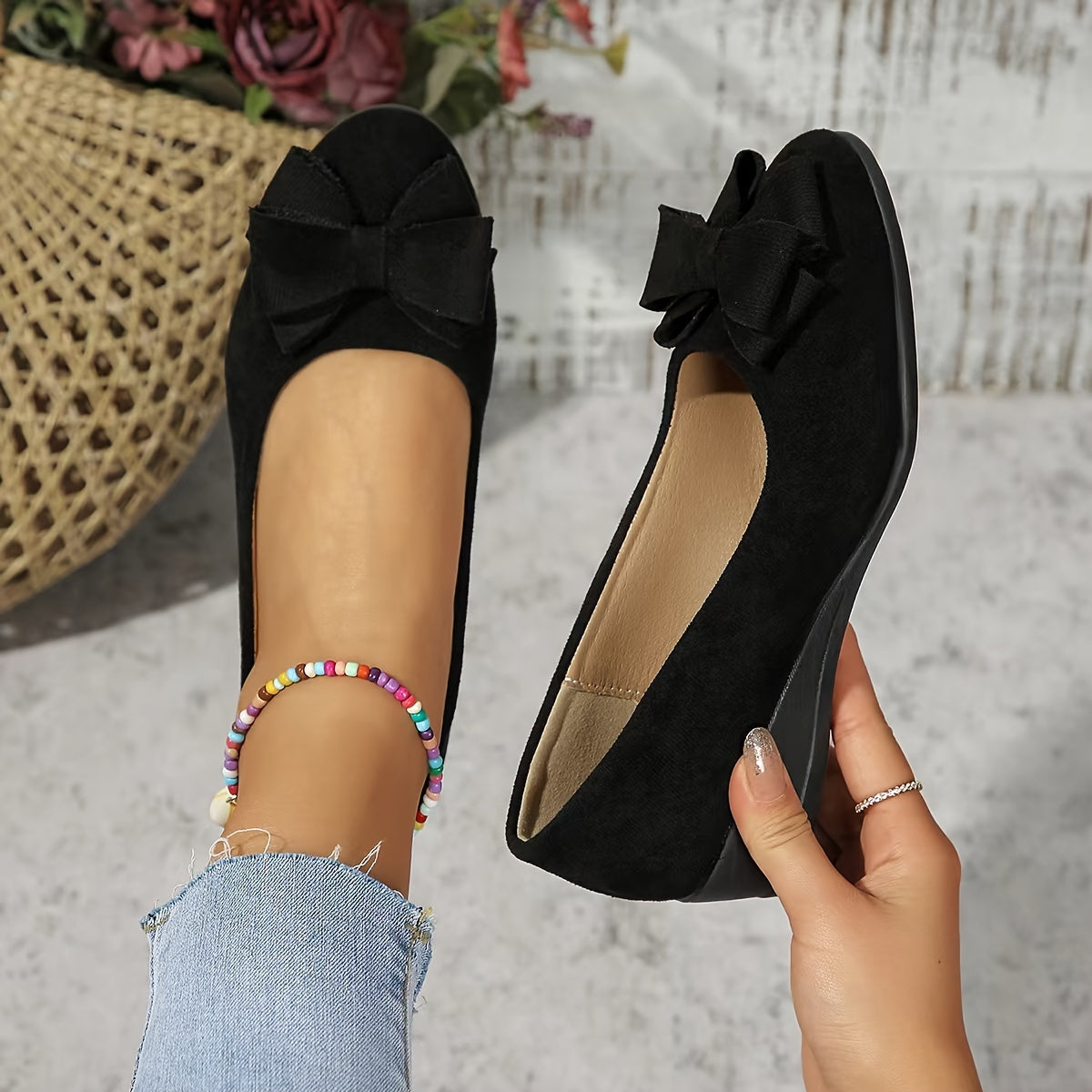Women's Round Toe Bow Flats – Black