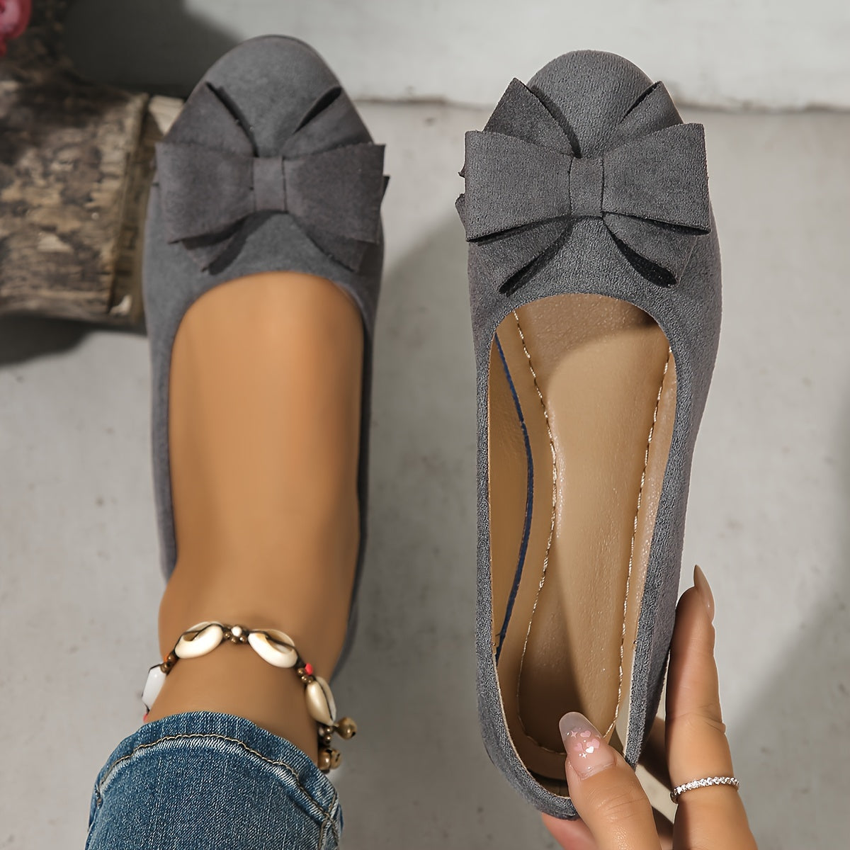 Women's Round Toe Bow Flats – Grey