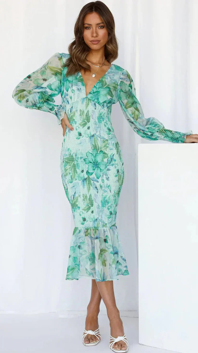 Women's V Neck Midi Dress – Green
