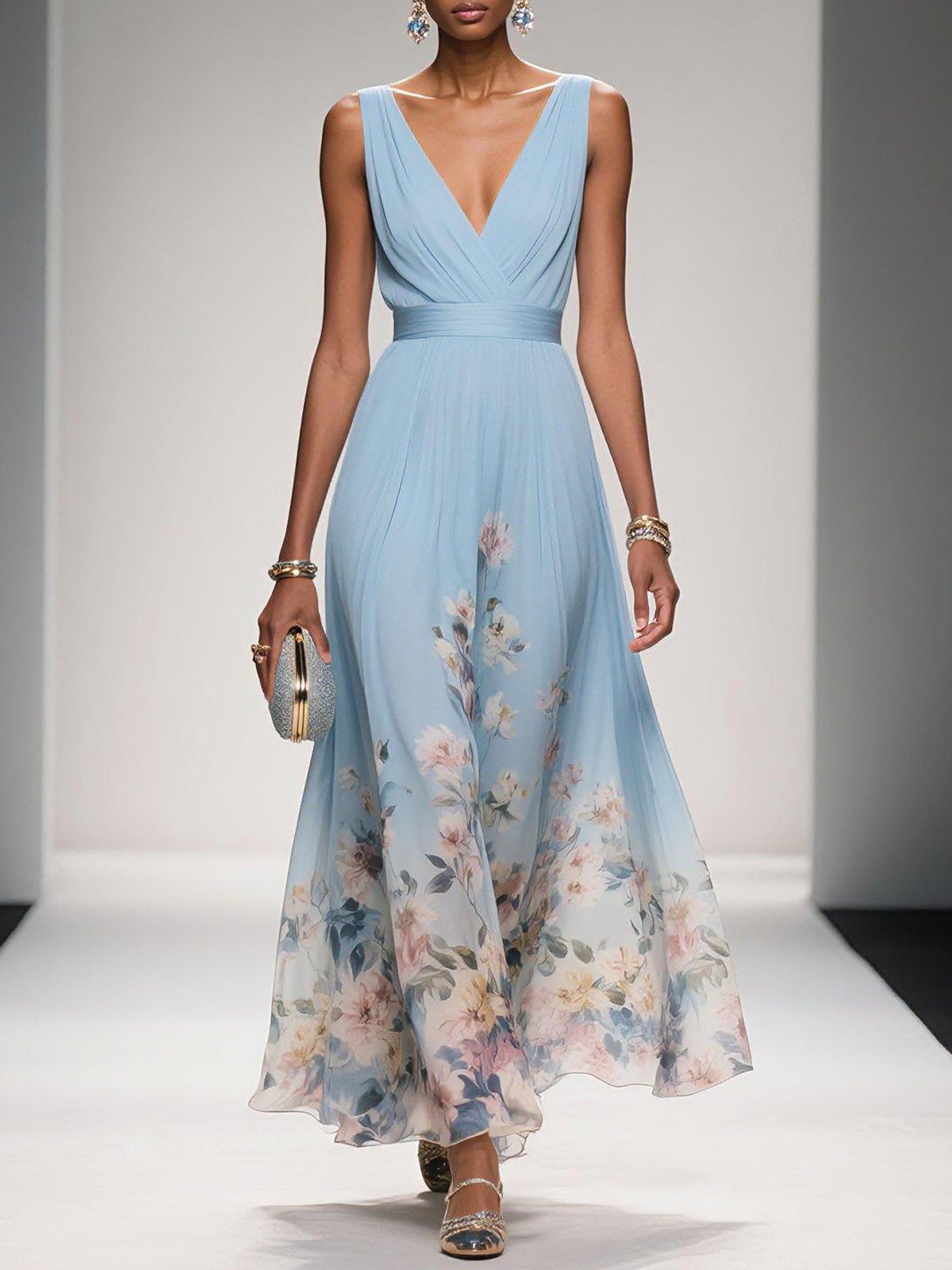 Women's V Neck Maxi Dress – Light Blue