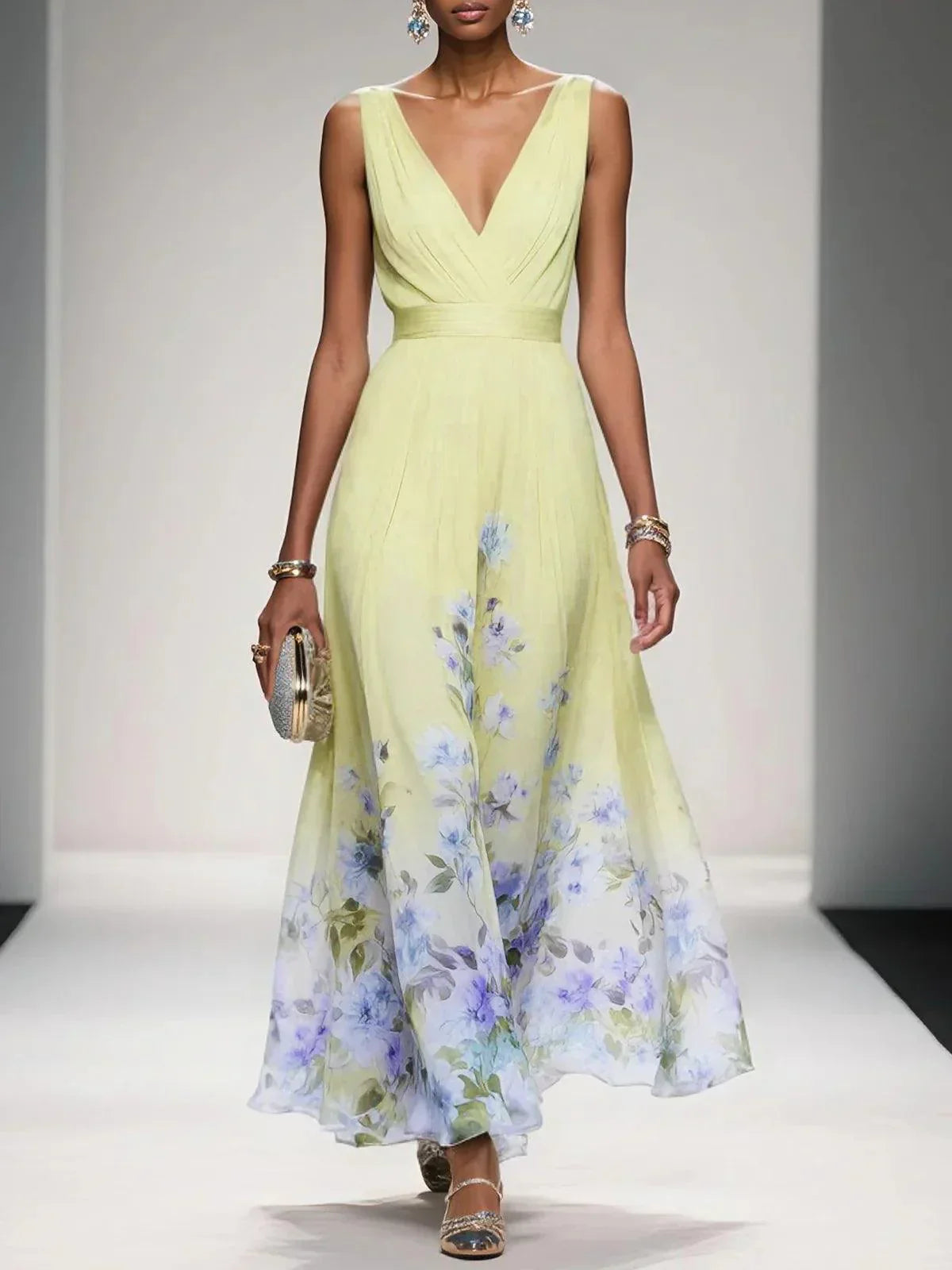 Women's V Neck Maxi Dress – Yellow