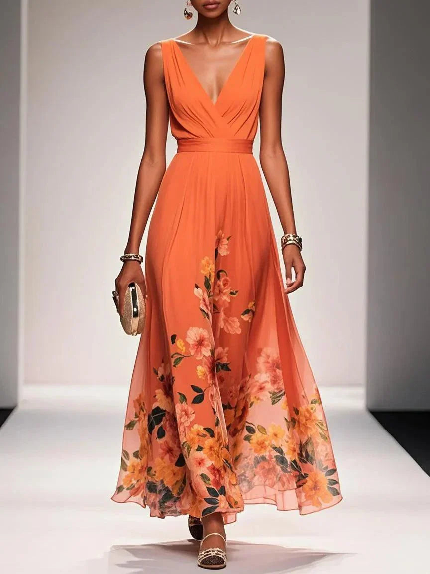 Women's V Neck Maxi Dress – Orange