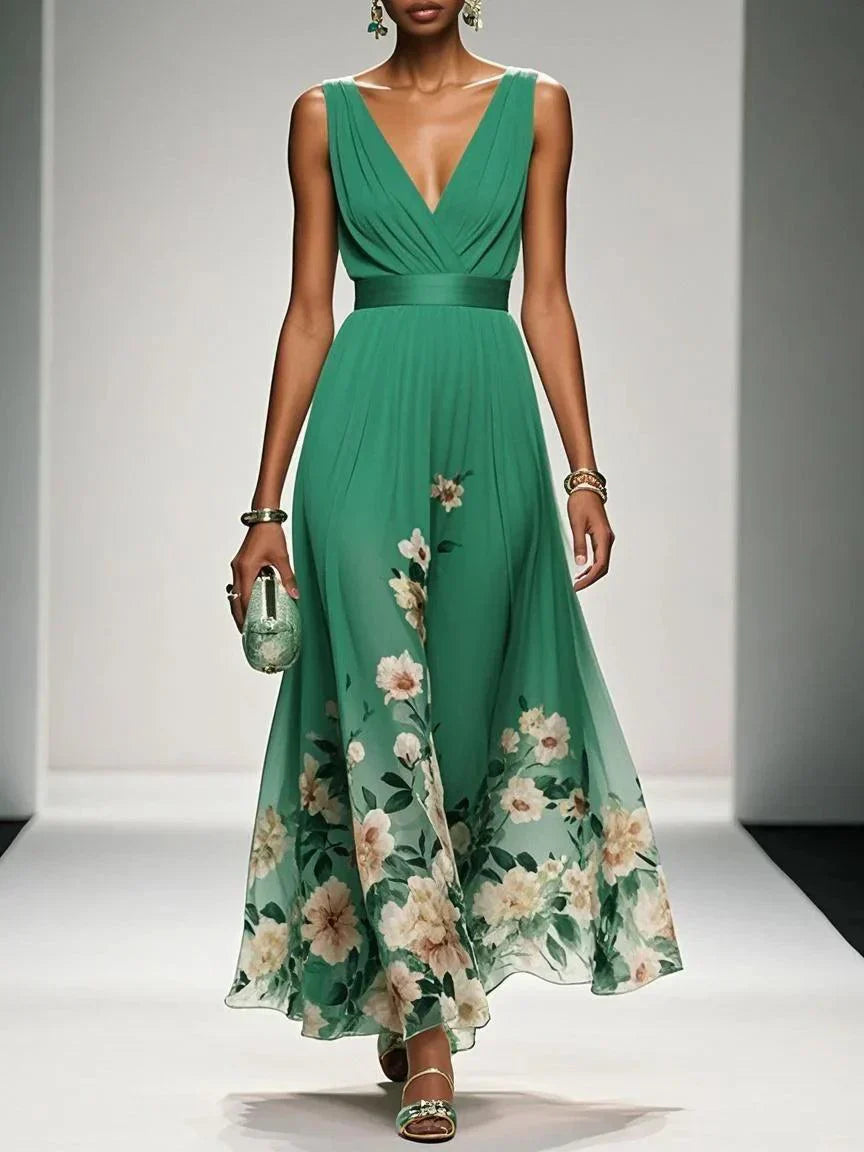 Women's V Neck Maxi Dress – Green
