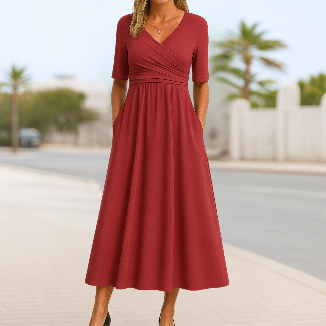 Women's V Neck Midi Dress – Red