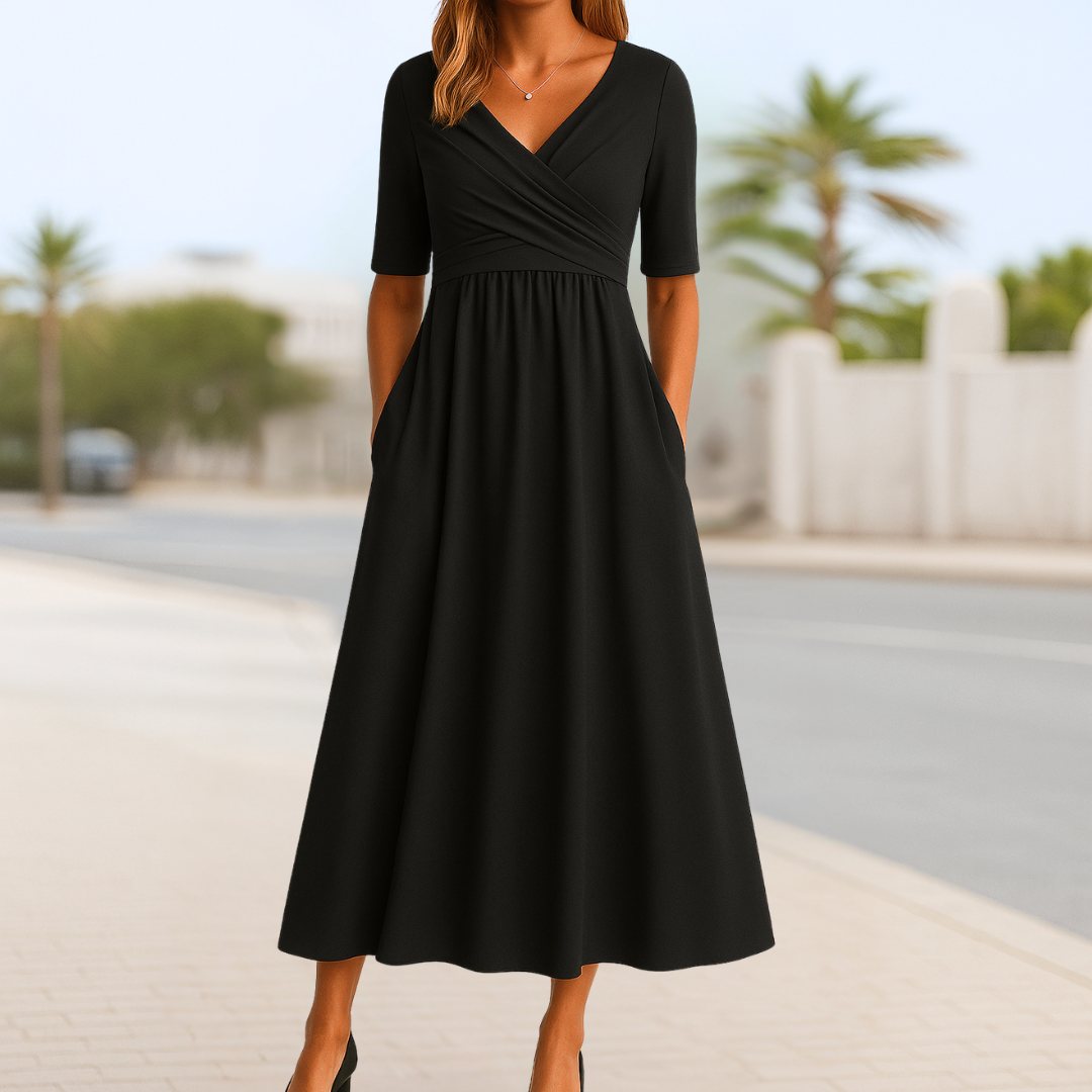 Women's V Neck Midi Dress – Black