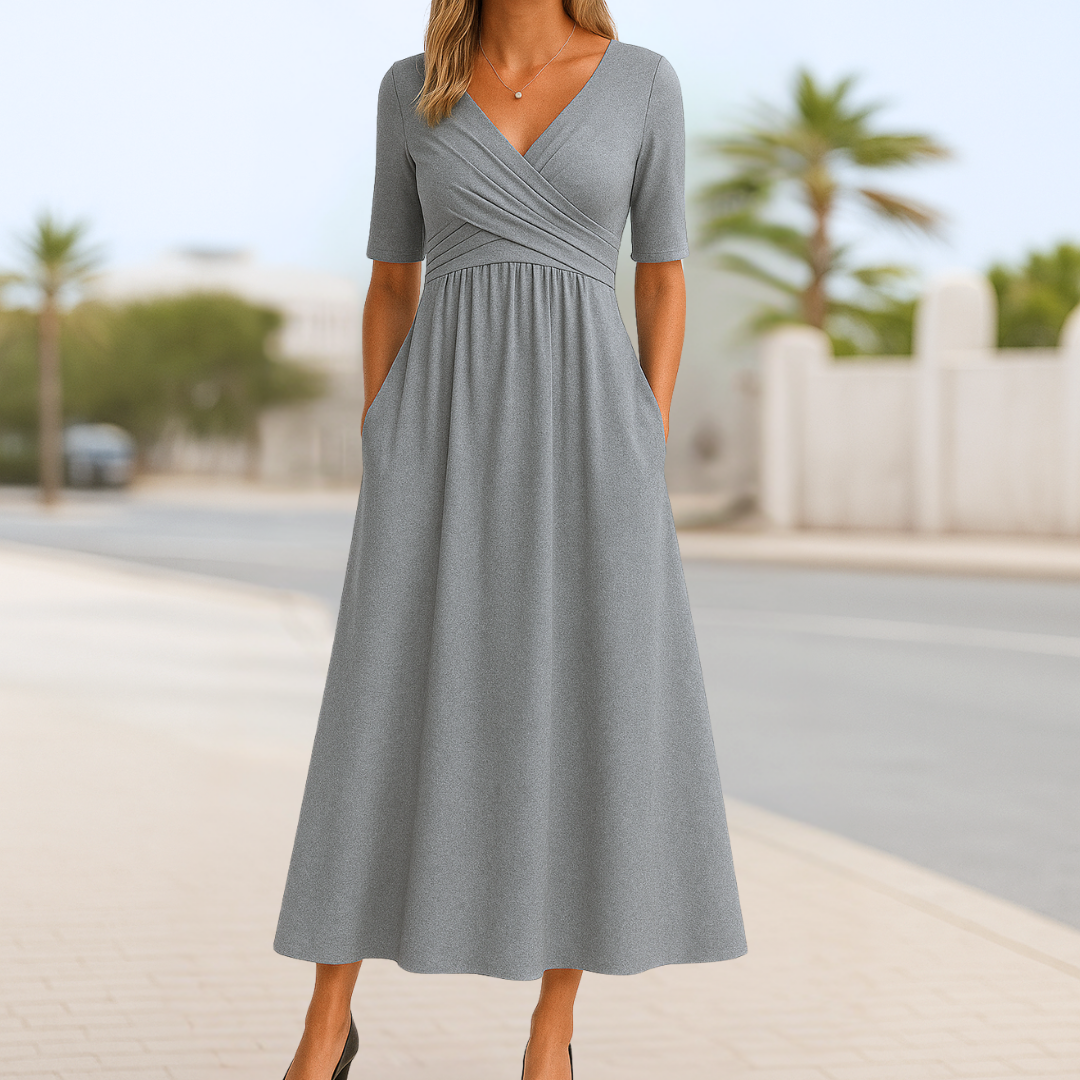 Women's V Neck Midi Dress – Grey