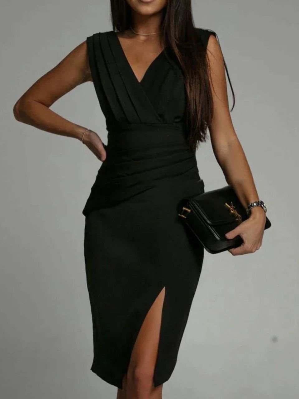 Women's V Neck Midi Dress – Black