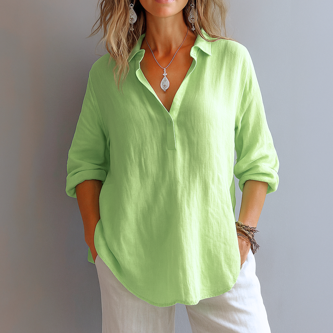 Women's V Neck Long Sleeve Blouse – Green