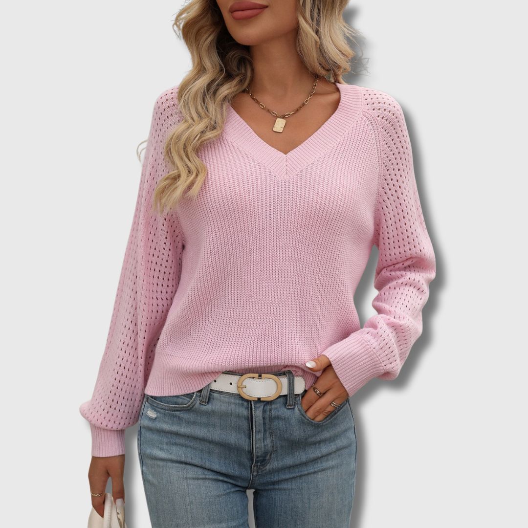Women's V Neck Long Sleeve Sweater – Pink