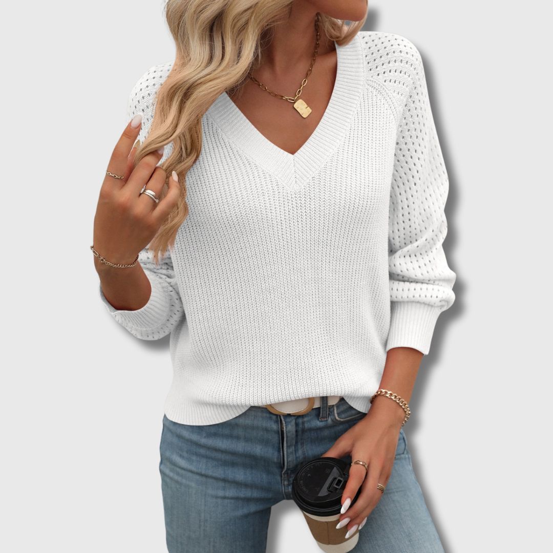Women's V Neck Long Sleeve Sweater – White
