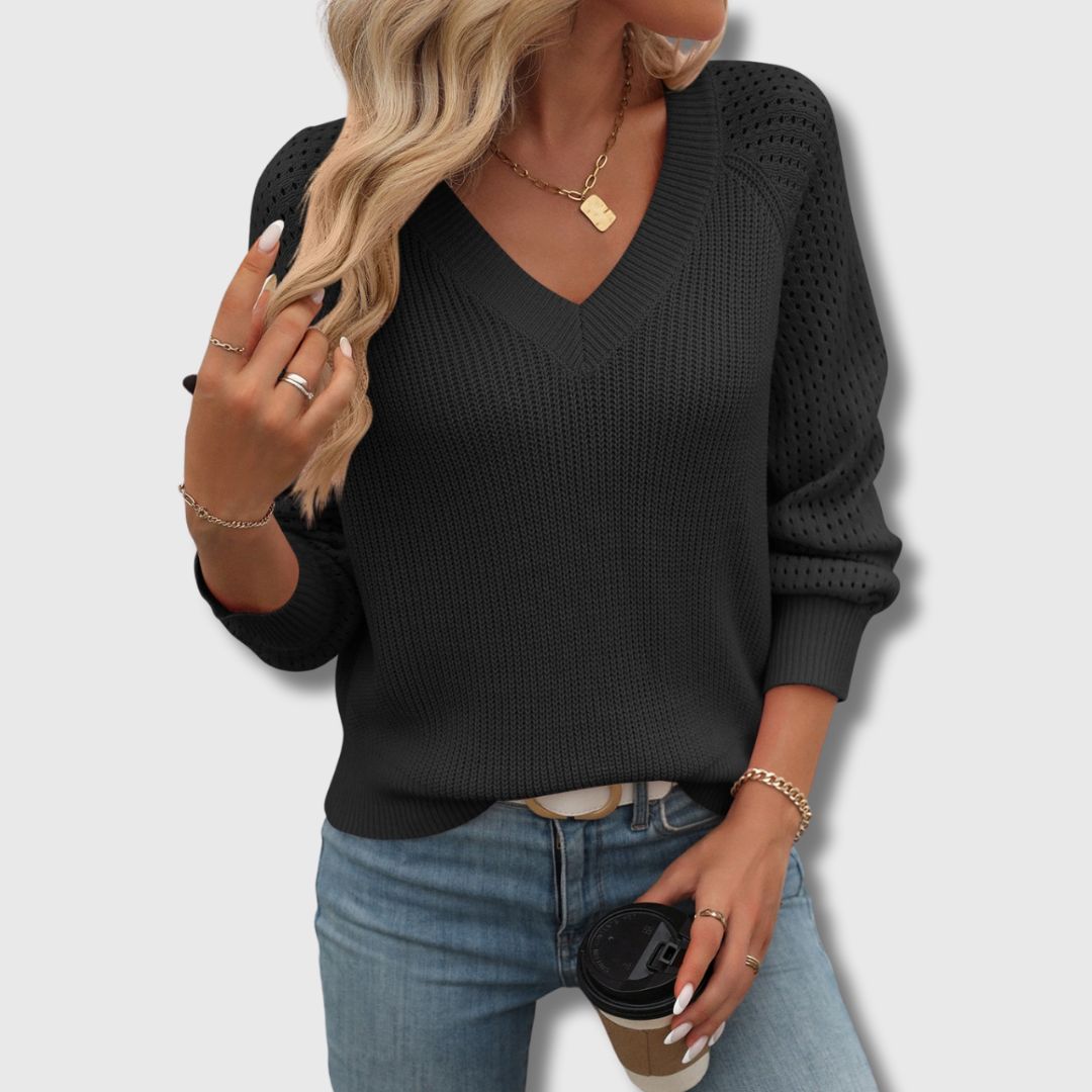 Women's V Neck Long Sleeve Sweater – Black