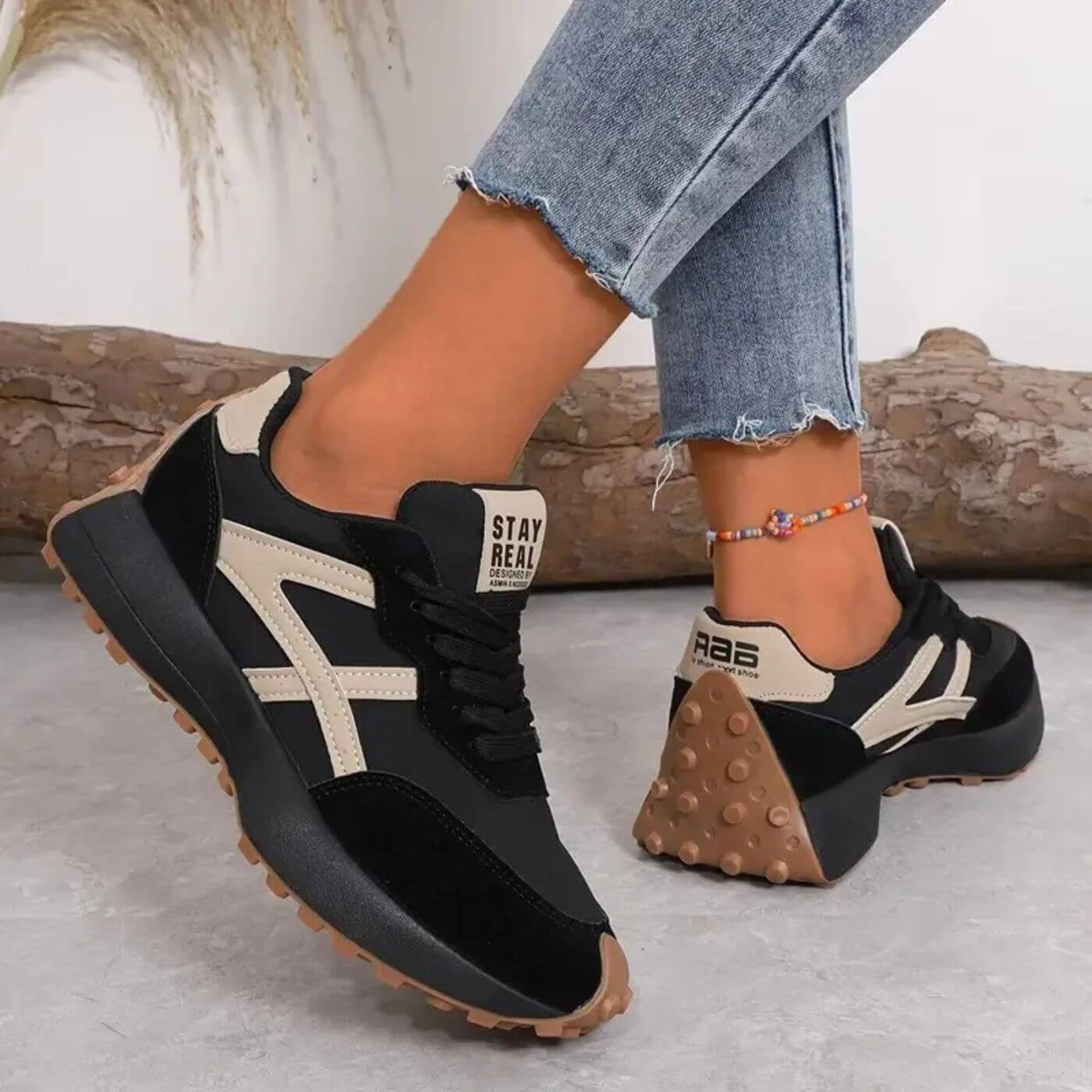 Women's Sneakers – Black-beige