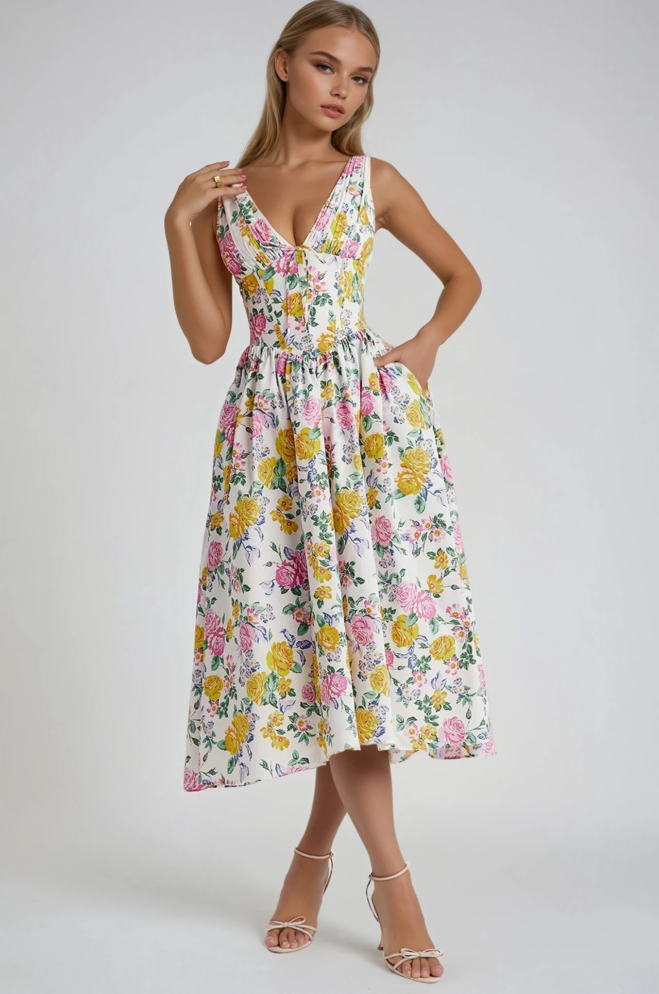 Women's V Neck Midi Dress – Yellow Floral