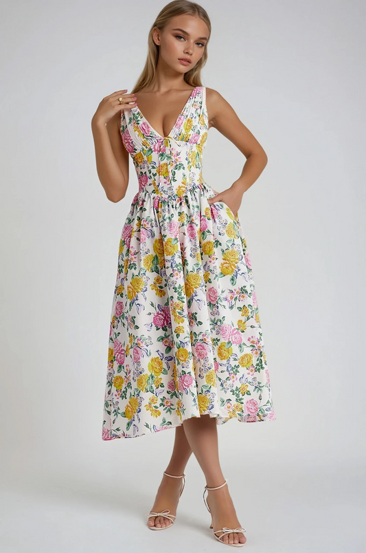 Women's V Neck Midi Dress – Yellow Floral