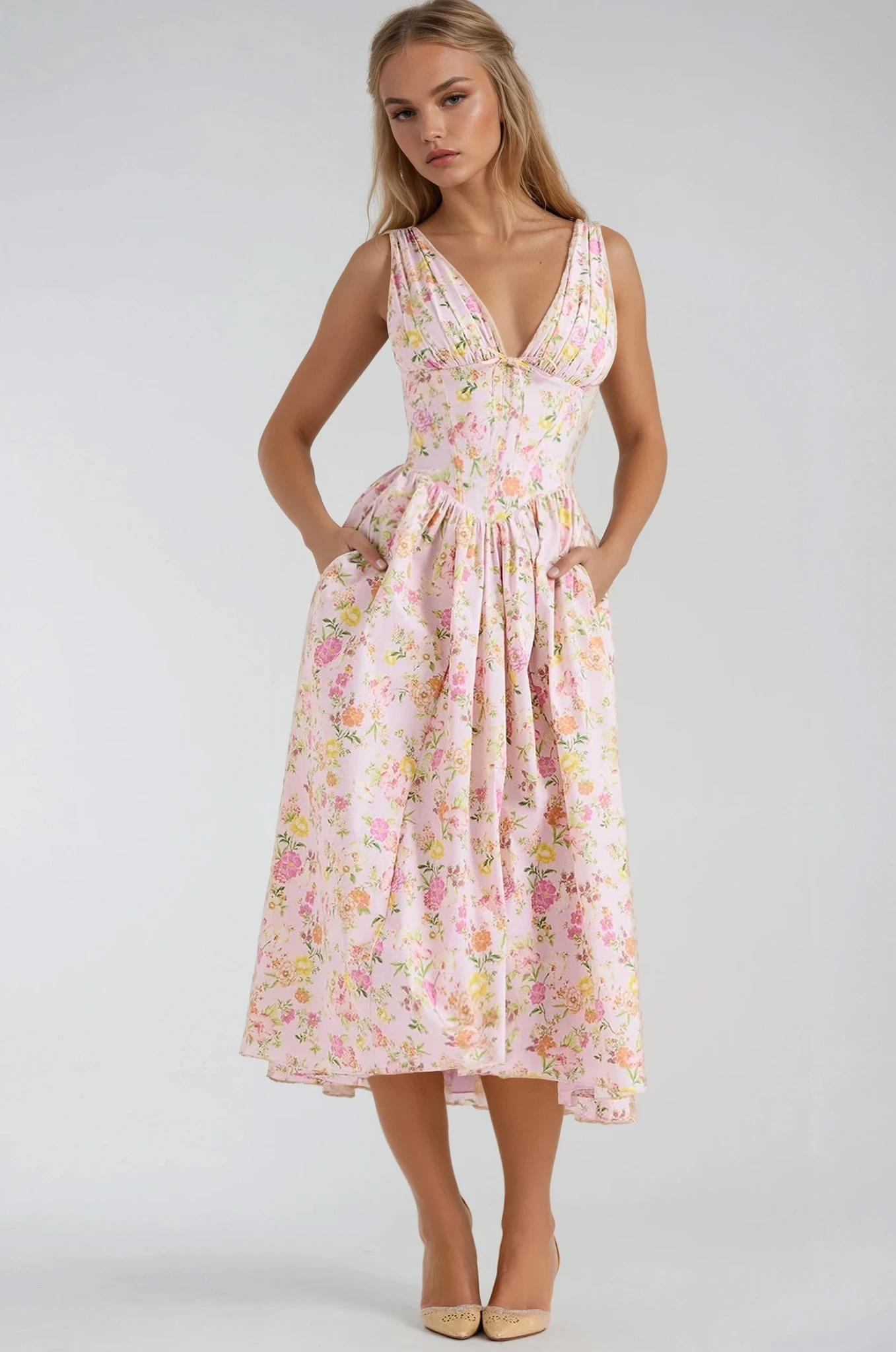 Women's V Neck Midi Dress – Pink Floral