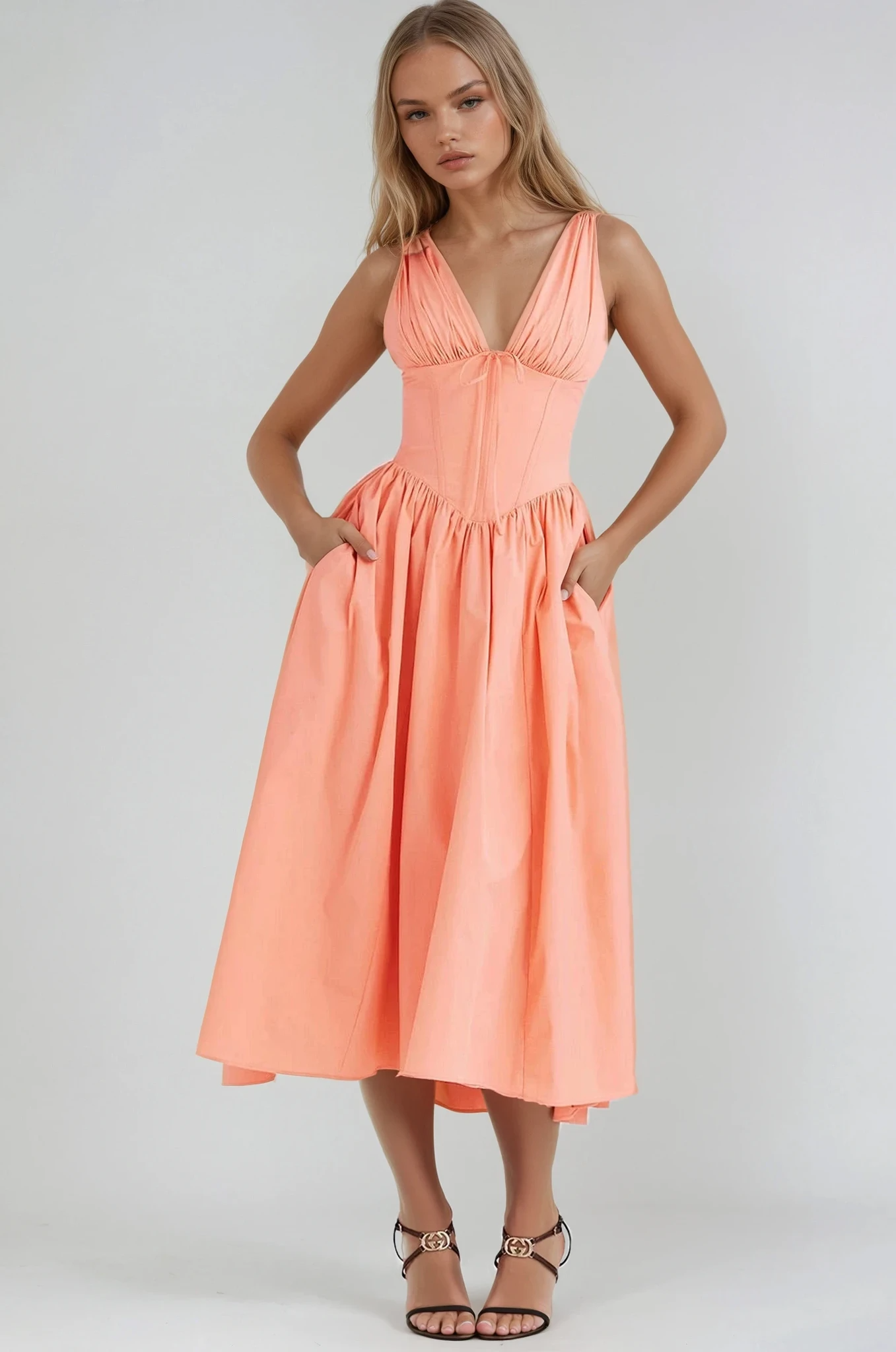 Women's V Neck Midi Dress – Peach