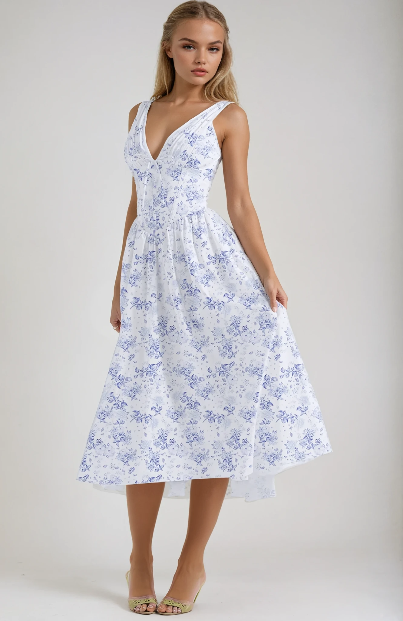 Women's V Neck Midi Dress – Blue Floral