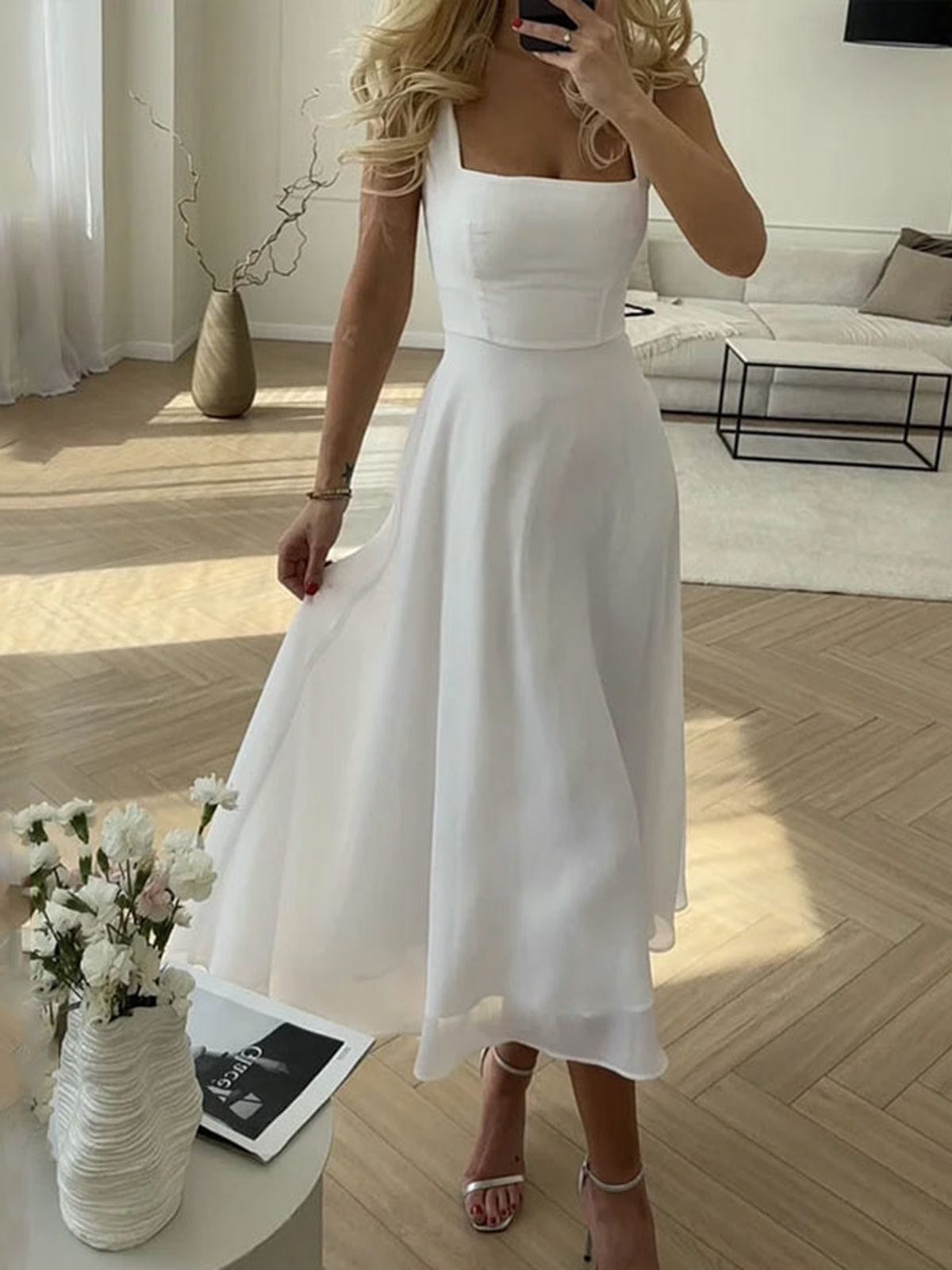 Women's Square Neck Midi Dress – White