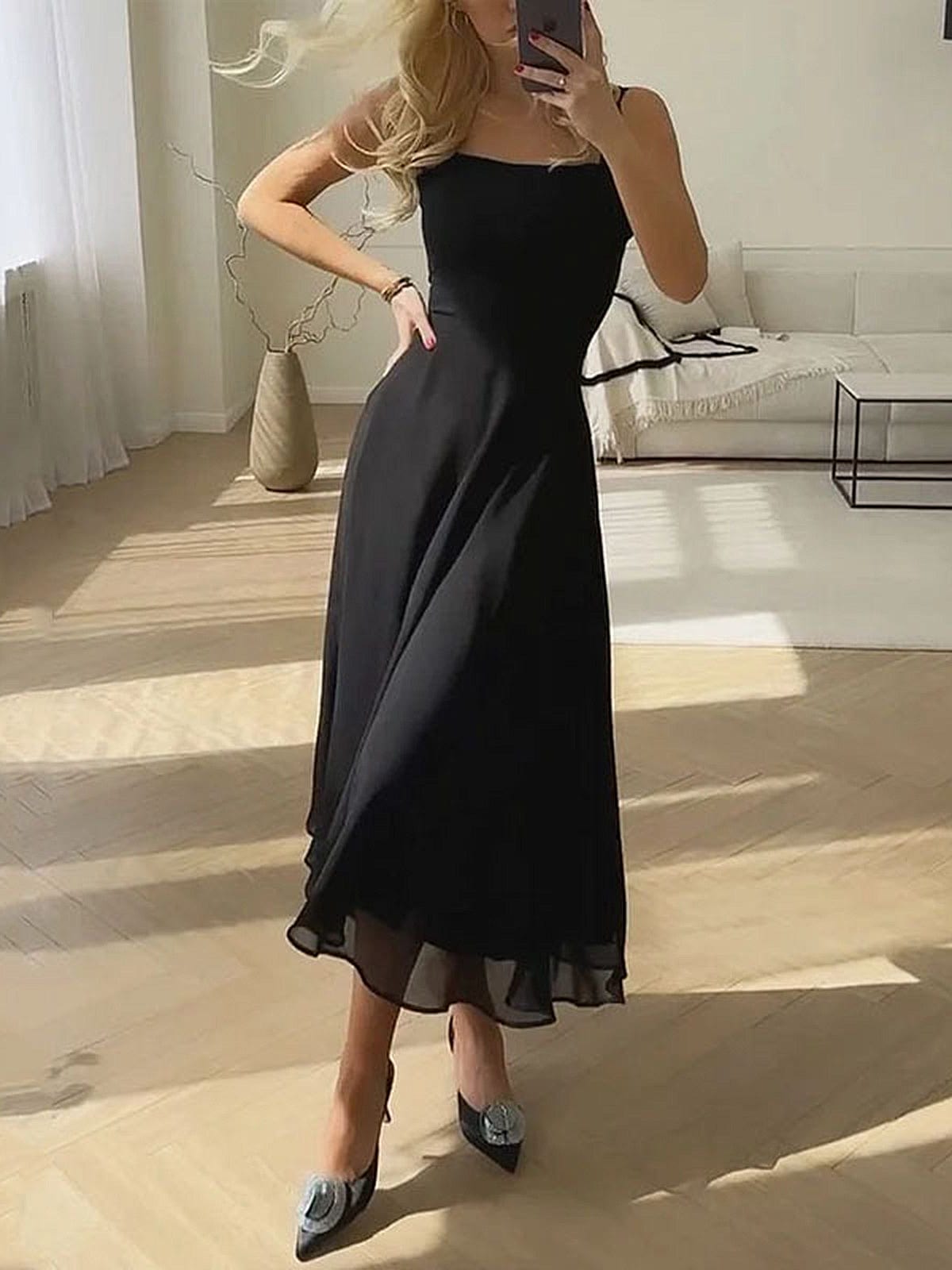 Women's Square Neck Midi Dress – Black